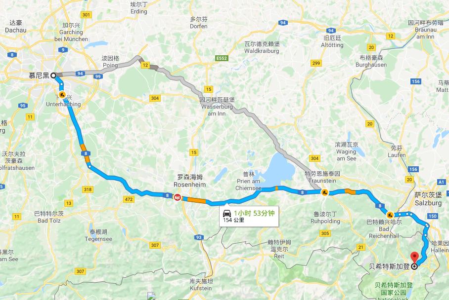 路线:慕尼黑～贝希特斯加登～国王湖～慕尼黑(来源于谷歌地图