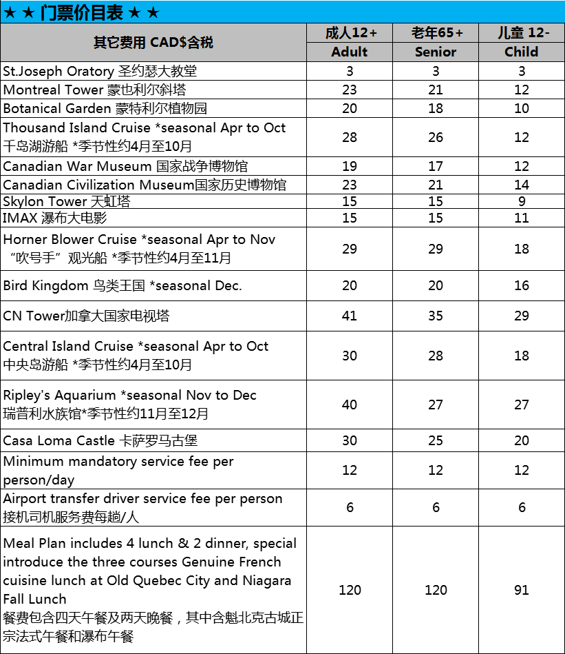 门票价目表