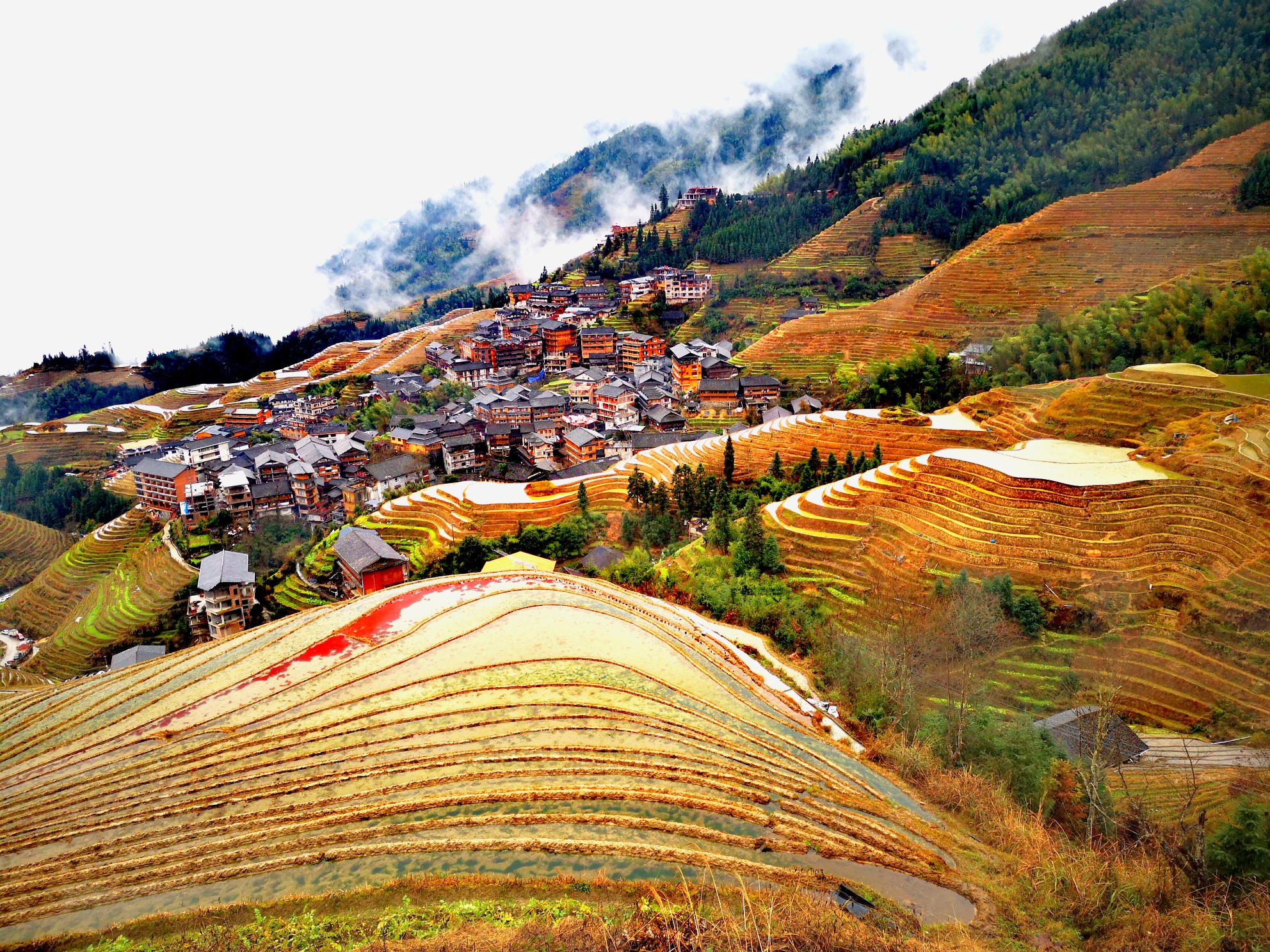 大雾弥漫的冬季桂林龙脊山