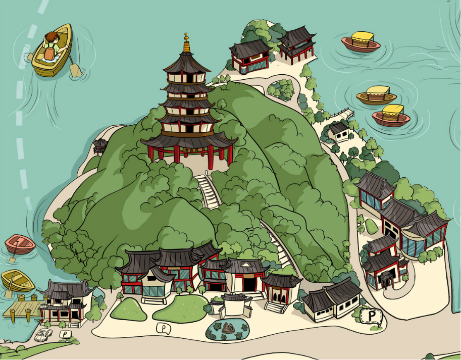 咦?又有一个塔似的建筑。这个是什么呐?如果了解杭州的朋友们看着这个塔的身形肯定一下就猜到了呢,这个就是和保俶塔。大家可别认字认一半。这个俶字念ch。 这些就是《杭州旅游手绘地图》的一些局部地图啦。地图的每一个部分都是通过卫星截图,以及现场的实地走访拍摄。通过浙江省第一测绘院提供的平面数据资料,结合艺术创作,采用立体手绘型形式最终利用电脑矢量绘制很成。此份地图不但具有较强的地理指向性,同时也拥有美学文化价值。同时该地图整合杭州的吃、穿、住、行、乐等相关的多家美食店,服装购物商场,特色酒店,娱乐
