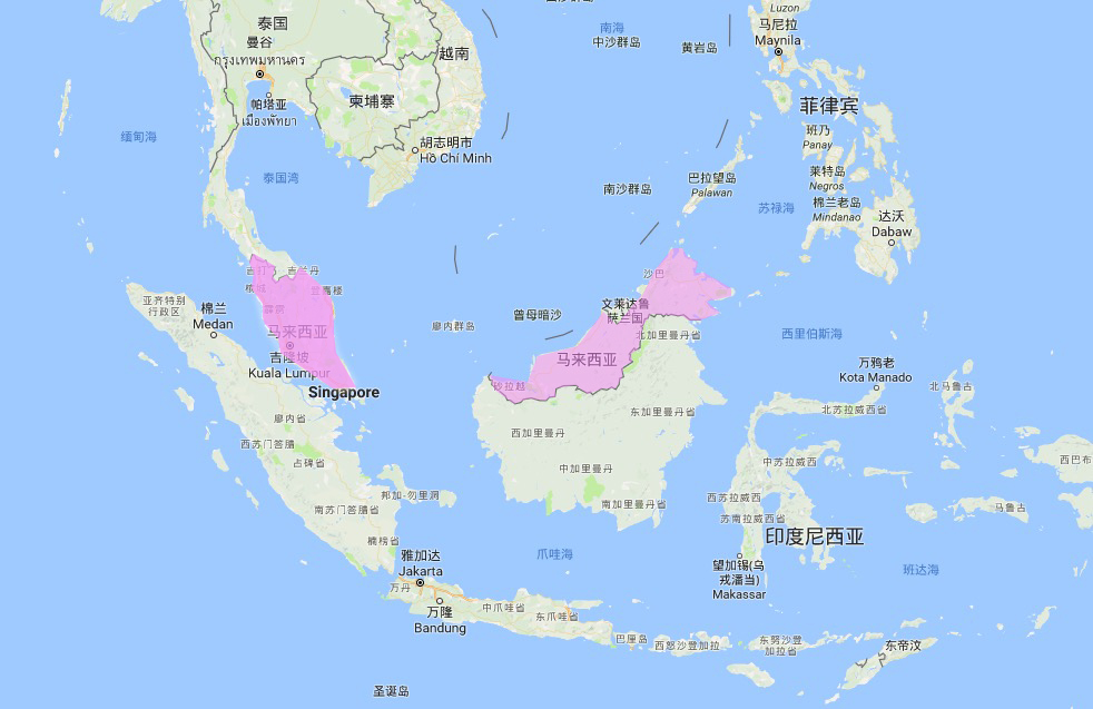 国土被南中国海隔开,两片领土(地图中粉色区域)隔海相望,所以马来西亚