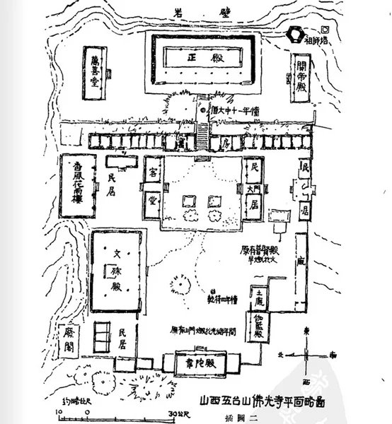 来张布局示意图:佛光寺三面环山,寺院布局依照地势为坐东朝西.