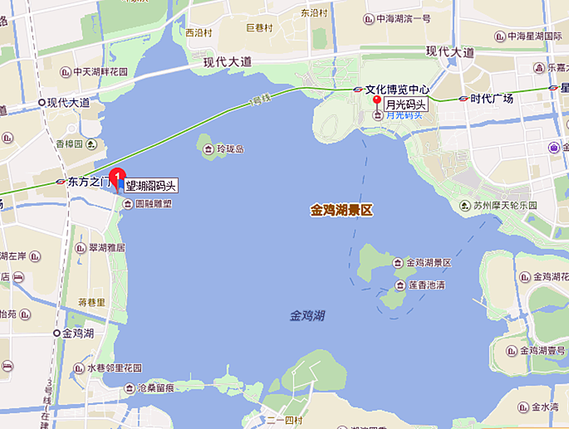 景区地址:江苏省苏州市工业园区金鸡湖月光码头或湖西望湖阁码头